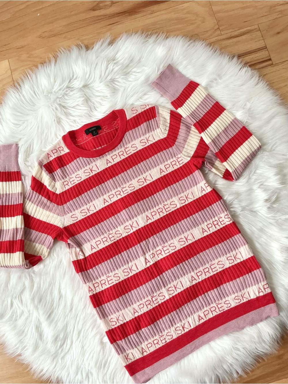 J. Crew Striped 'APRÈS SKI' Merino Wool Ribbed Crewneck Sweater Size Medium